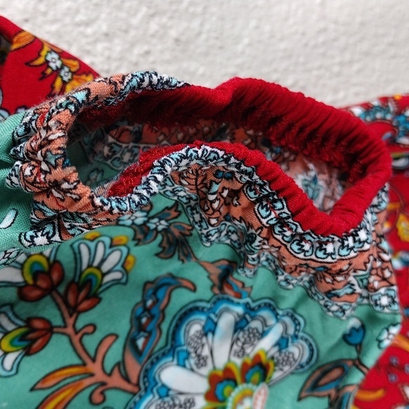 Suzanne Betro Weekend Red Blue Floral Button V-Neck Long Sleeve Bohemian Top - Picture 11 of 13